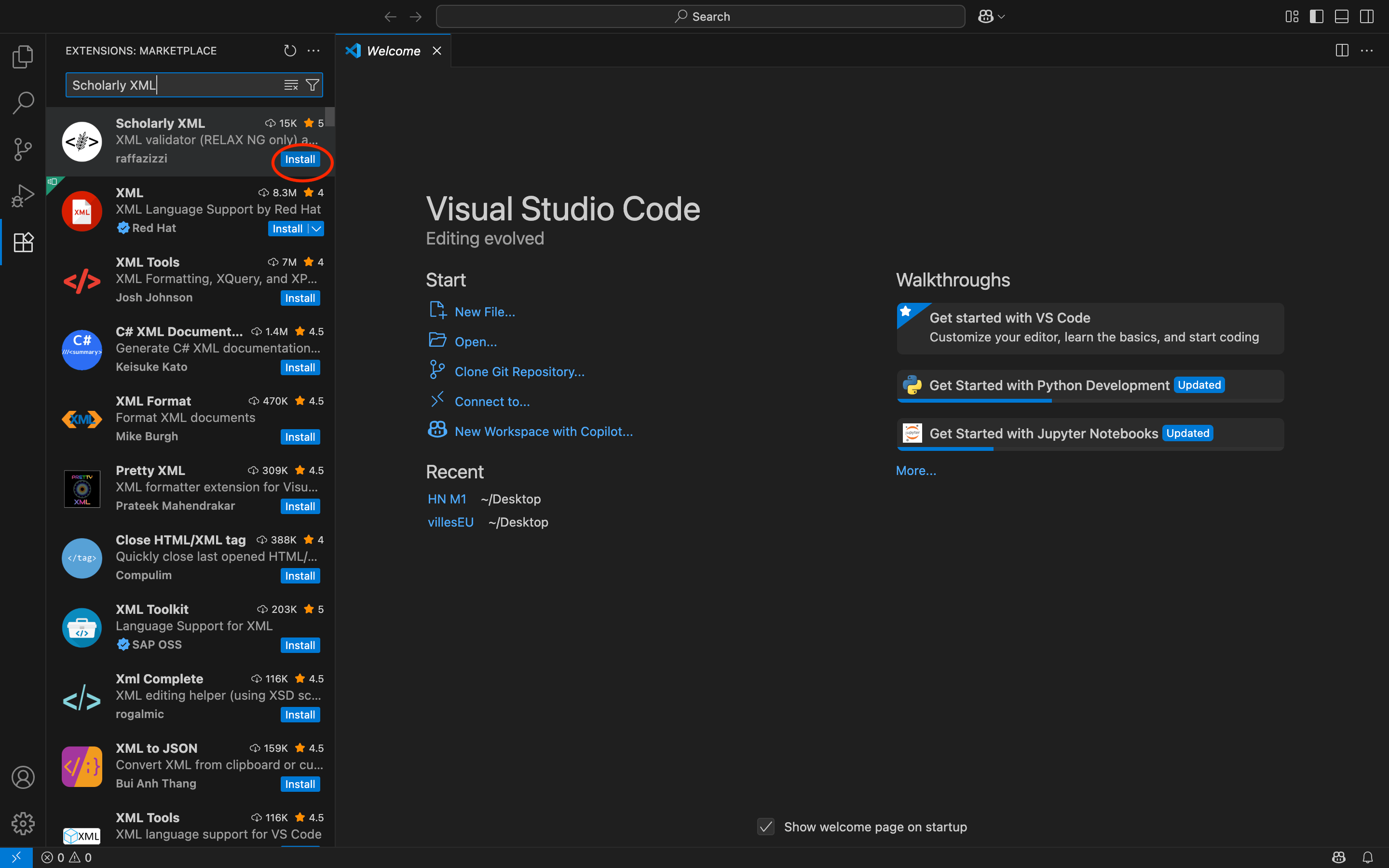 Installer Scholarly XML sur VS Code, figure obtenue par la capture d'écran d'une fenêtre de VS Code. À gauche et entouré en rouge, le bouton d'installation de l'extension Scholarly XML.