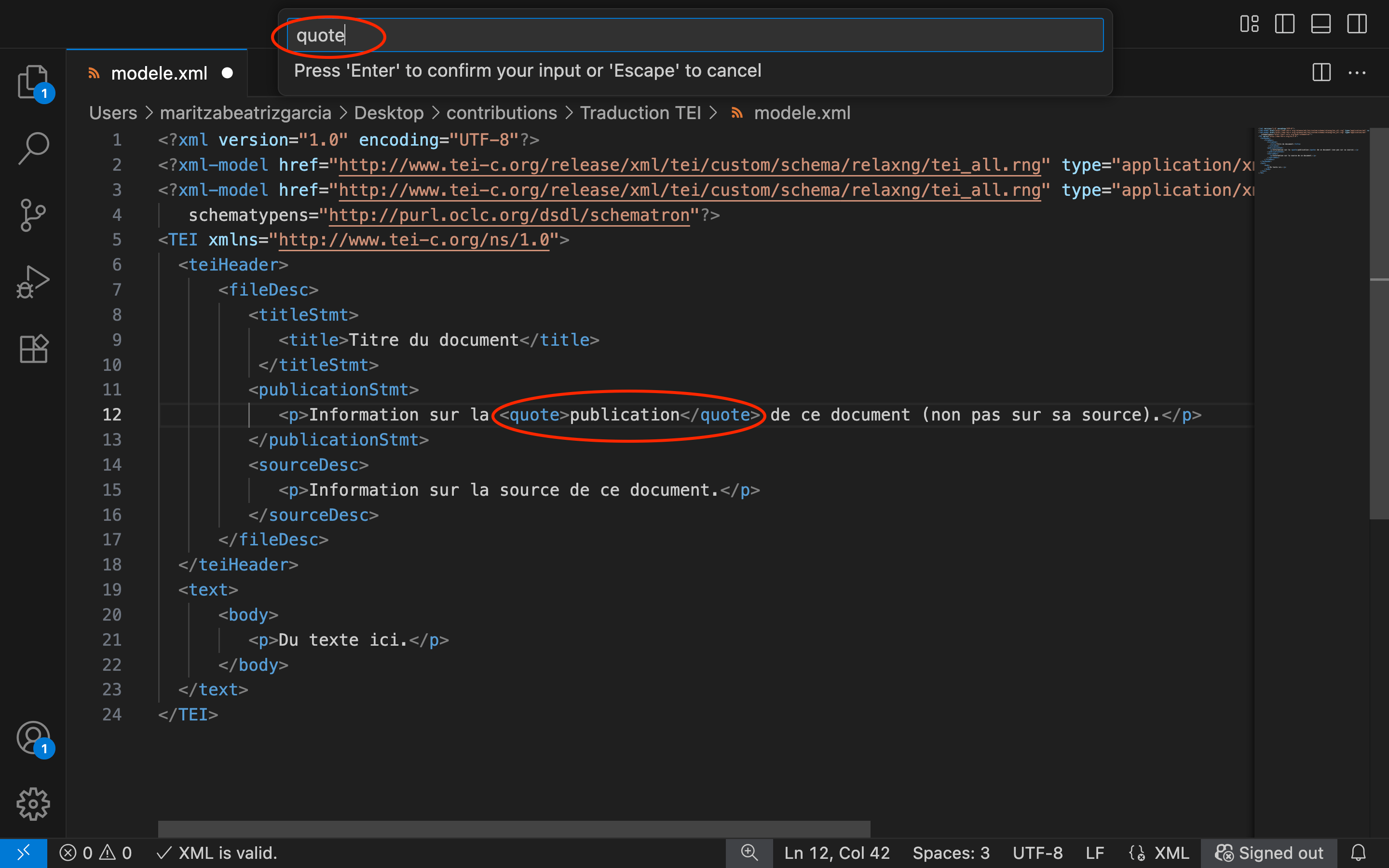 Introduire automatiquement un élément XML sur VS Code, figure obtenue par la capture d'écran d'une fenêtre de VS Code. En haut, dans la barre de recherche, le mot 'quote' est entouré en rouge. Dans le corps du document modele.xml et entouré en rouge, le mot 'publication' est entre deux balises quote, l'une d'ouverture et l'autre de fermeture.