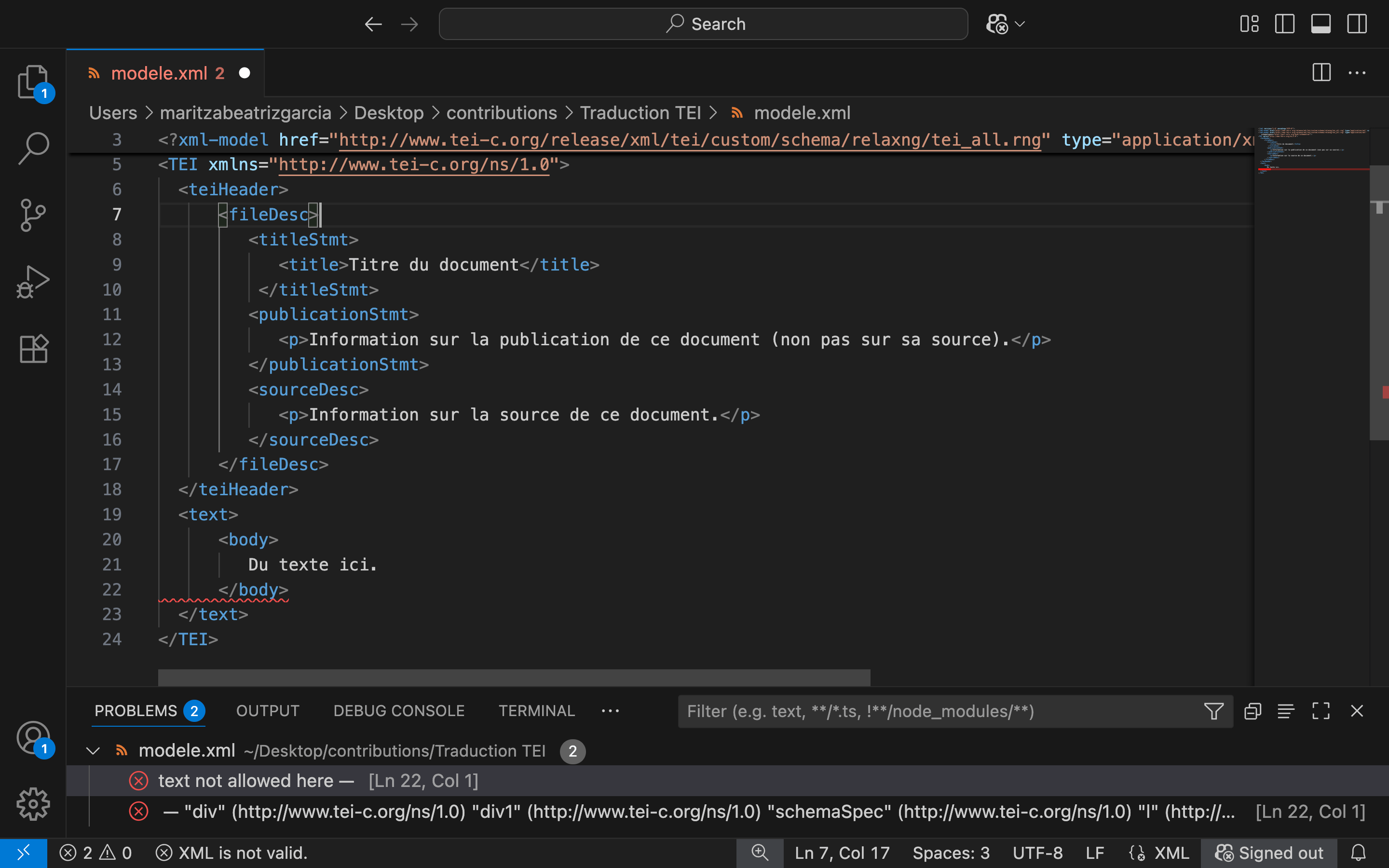 Détecter des erreurs XML sur VS Code, figure obtenue par la capture d'écran d'une fenêtre de VS Code. À l'intérieur du body, la présence de texte non contenu entre des balises ne respecte pas les règles de la TEI, cela produit une erreur signalée en rouge et expliquée en bas de la fenêtre.