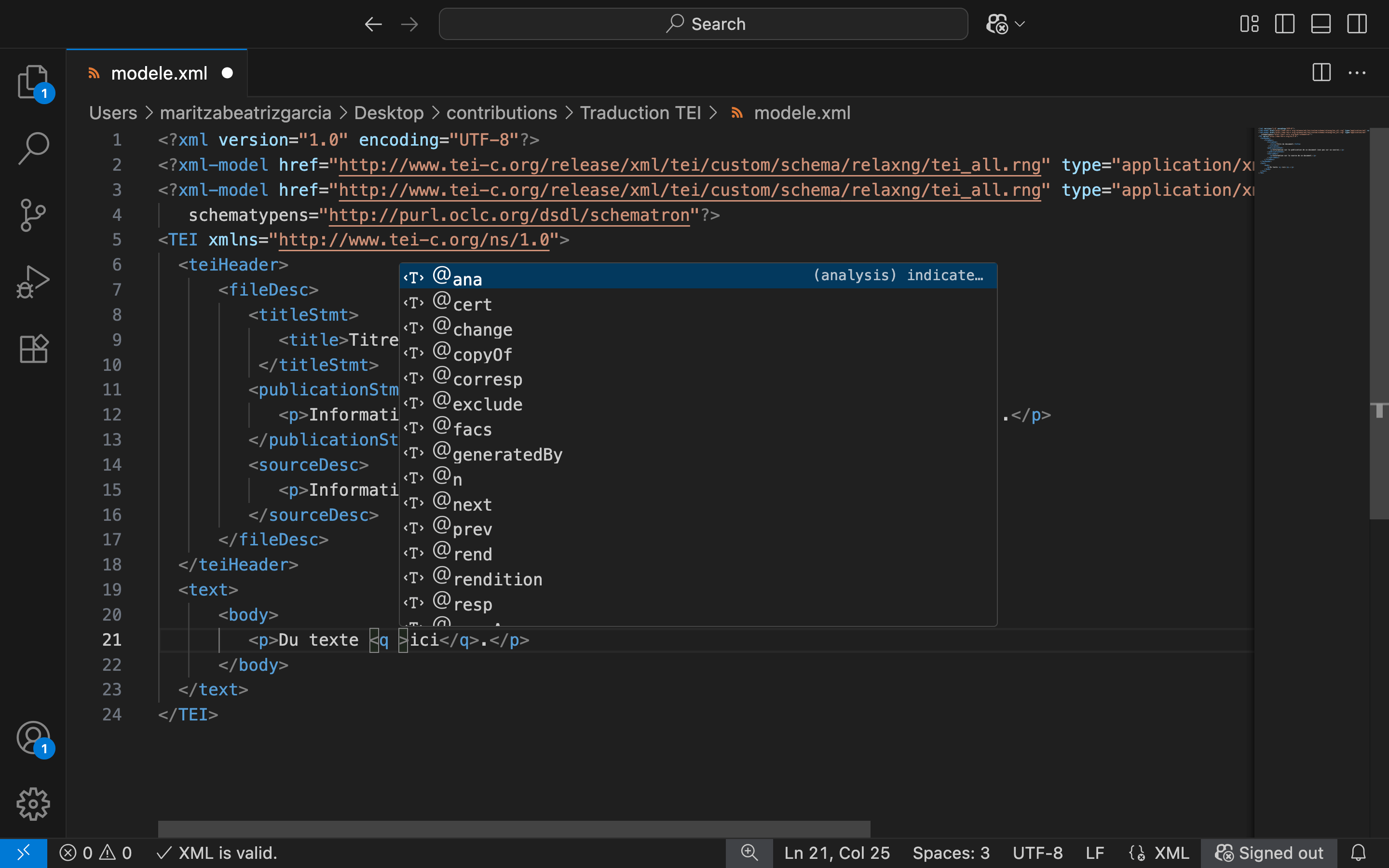 Menu d'autocomplétion de code XML sur VS Code, figure obtenue par capture d'écran de l'élément body d'un document XML sur VS Code. À l'intérieur de la balise ouvrante <q>, l'espace entre q et le chevron fermant déploie un menu avec la liste d'attributs.