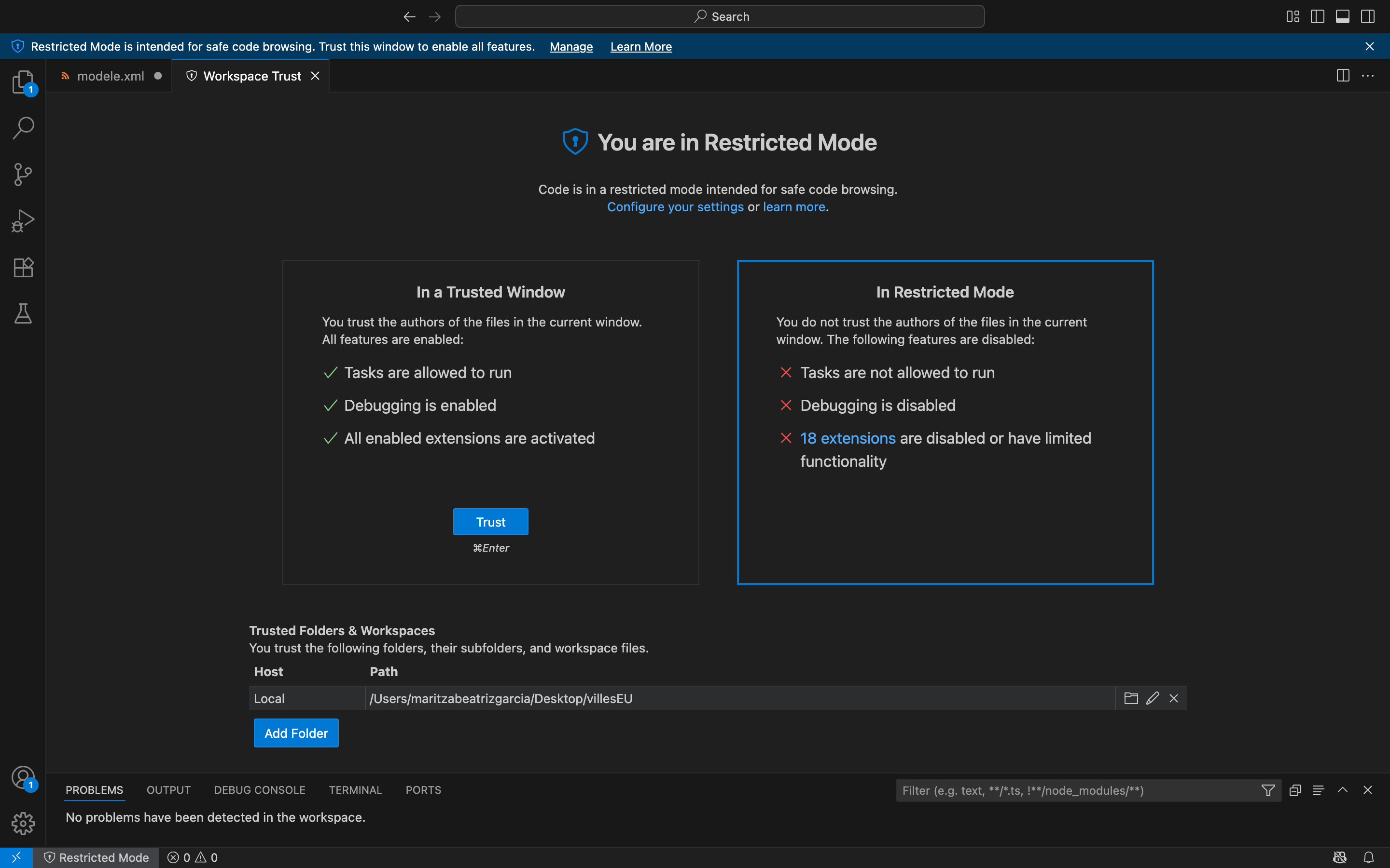 Quitter le mode restreint sur VS Code, figure obtenue par capture d'écran de la fenêtre 'Workspace Trust' sur VS Code. Celle-ci affiche à gauche l'option de quitter le mode restreint avec le bouton 'Trust' en bleu, et à droite l'option de rester en mode restreint.
