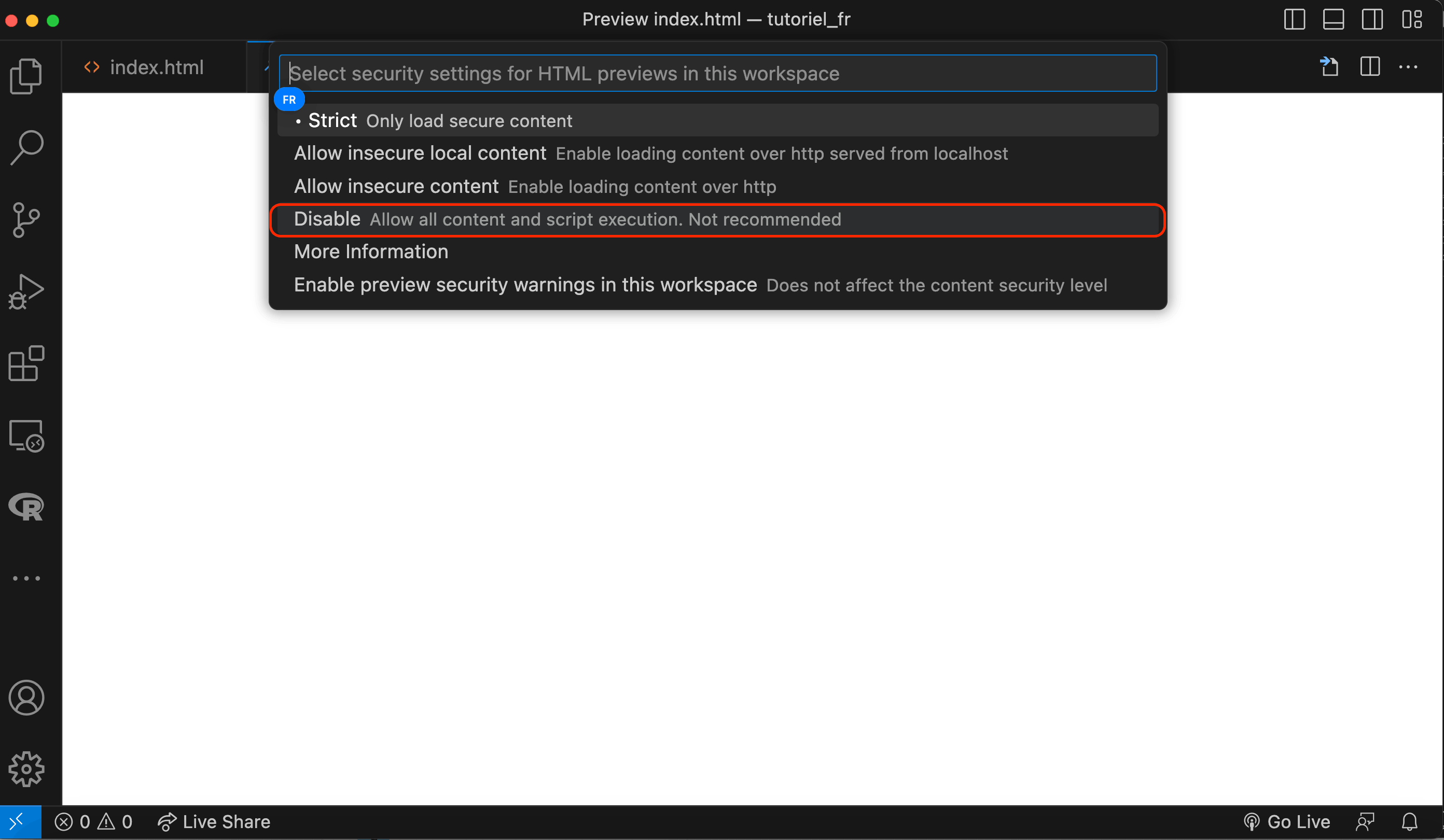 Capture d'écran qui indique qu'il faut choisir l'option 'Disable' pour pouvoir prévisualiser les fichiers TEI avec CETEIcean.