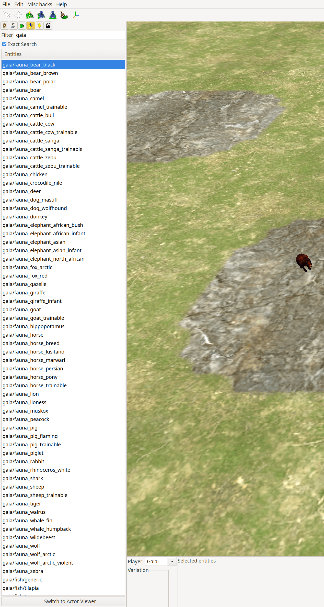 I have the Object tool open, and I am sorting by 'gaia'. The first result is a black bear, which I have hovering to be placed in the terrain.
